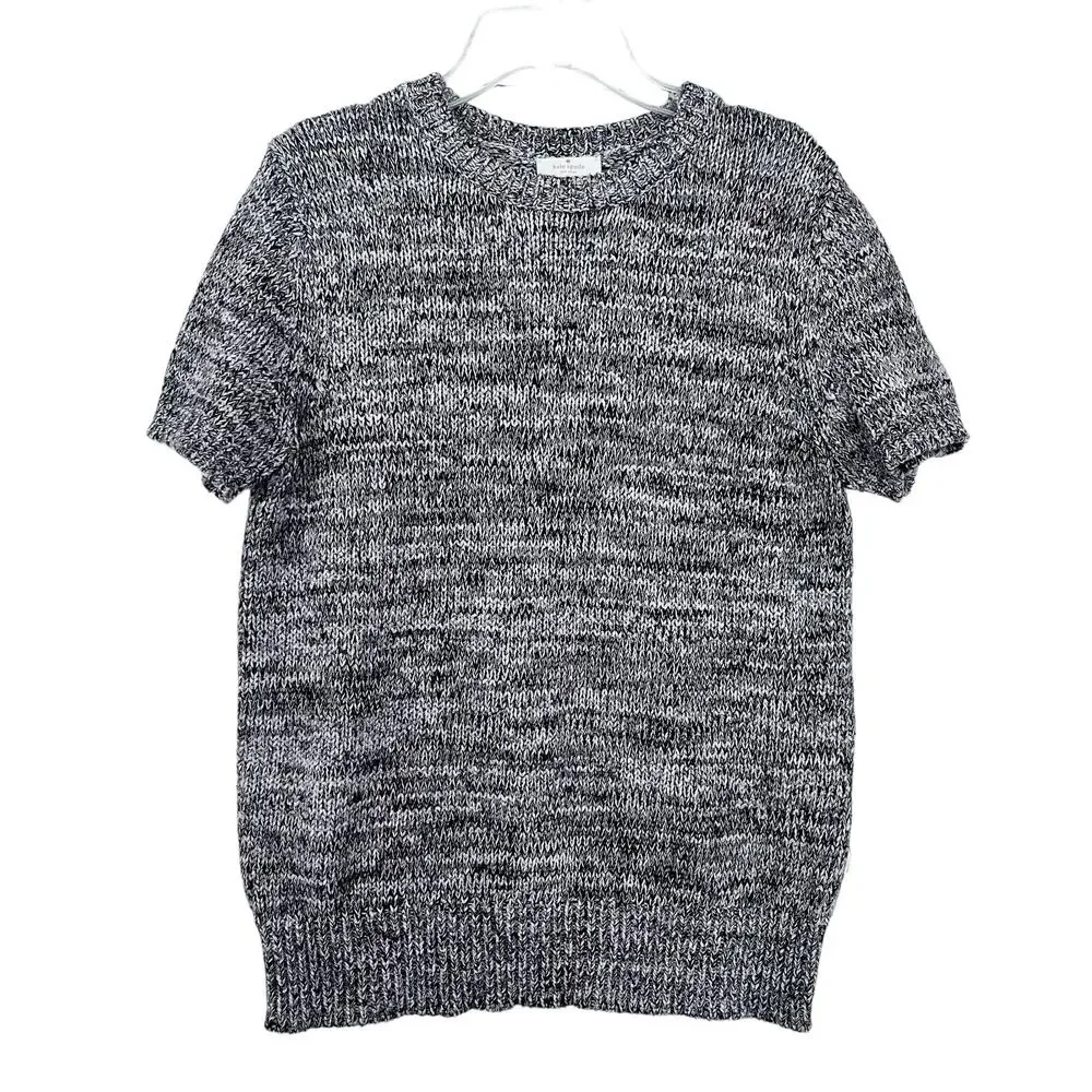 Kate Spade Black White Space Dye Heathered Knit Short Sleeve Crewneck Sweater S